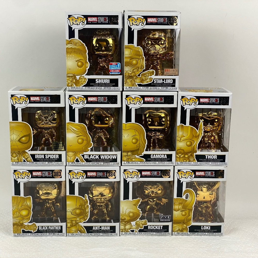 10 THE FIRST TEN YEARS Chrome Gold Marvel Funko Pop Thor Rocket Loki Star Lord